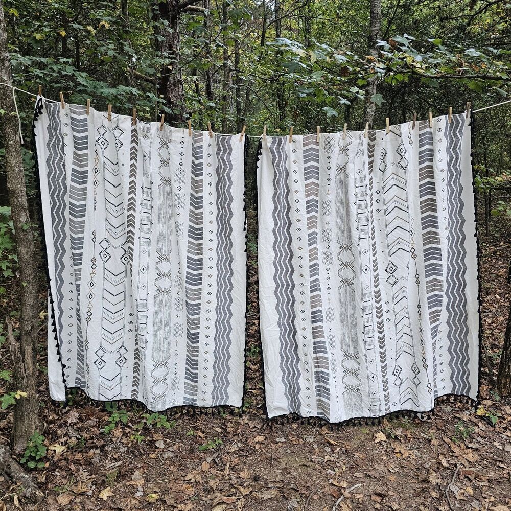 Pair Of 2 Boho Aztec Western Curtain Panels 118" x 63" Cream W/ Black Tassels